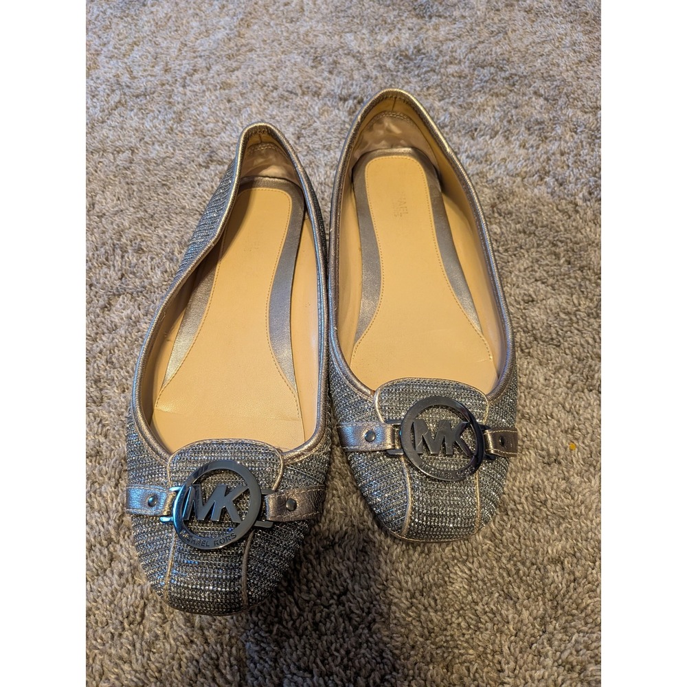 Michael Kors Silver Metallic Ballet Flats MK Logo Medallion Shoes Womens 9M